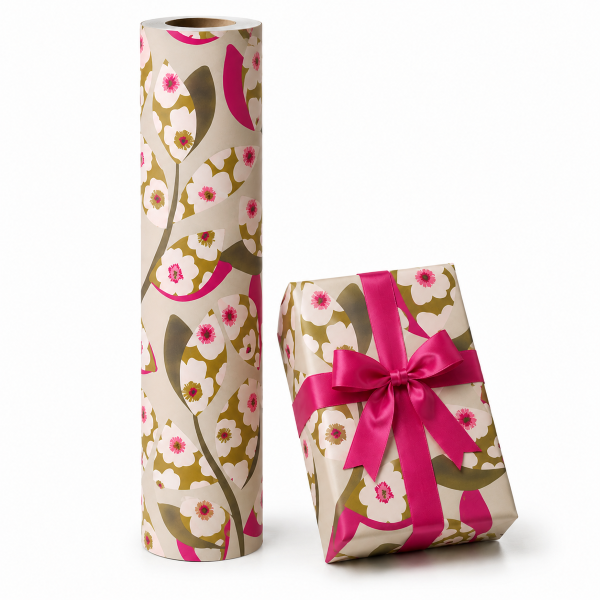 Geschenkpapier Lille Grafische Blumen Beige Fuchsia – 2 Seiten